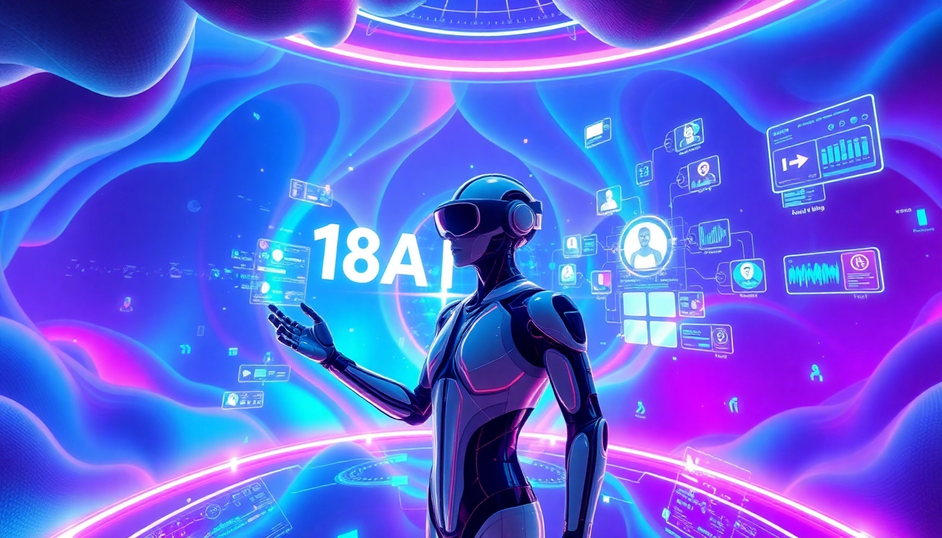 Engaging 18+ AI virtual reality landscape with humanoid figure and holographic interfaces.
