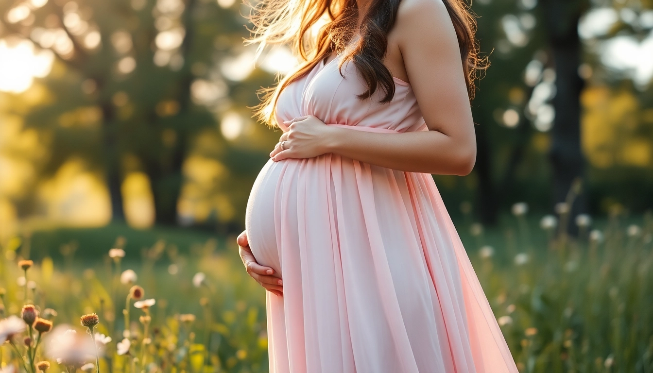 Schwangerschaftsfotografie einer schwangeren Frau in einem blühenden Garten mit sanften Farben.
