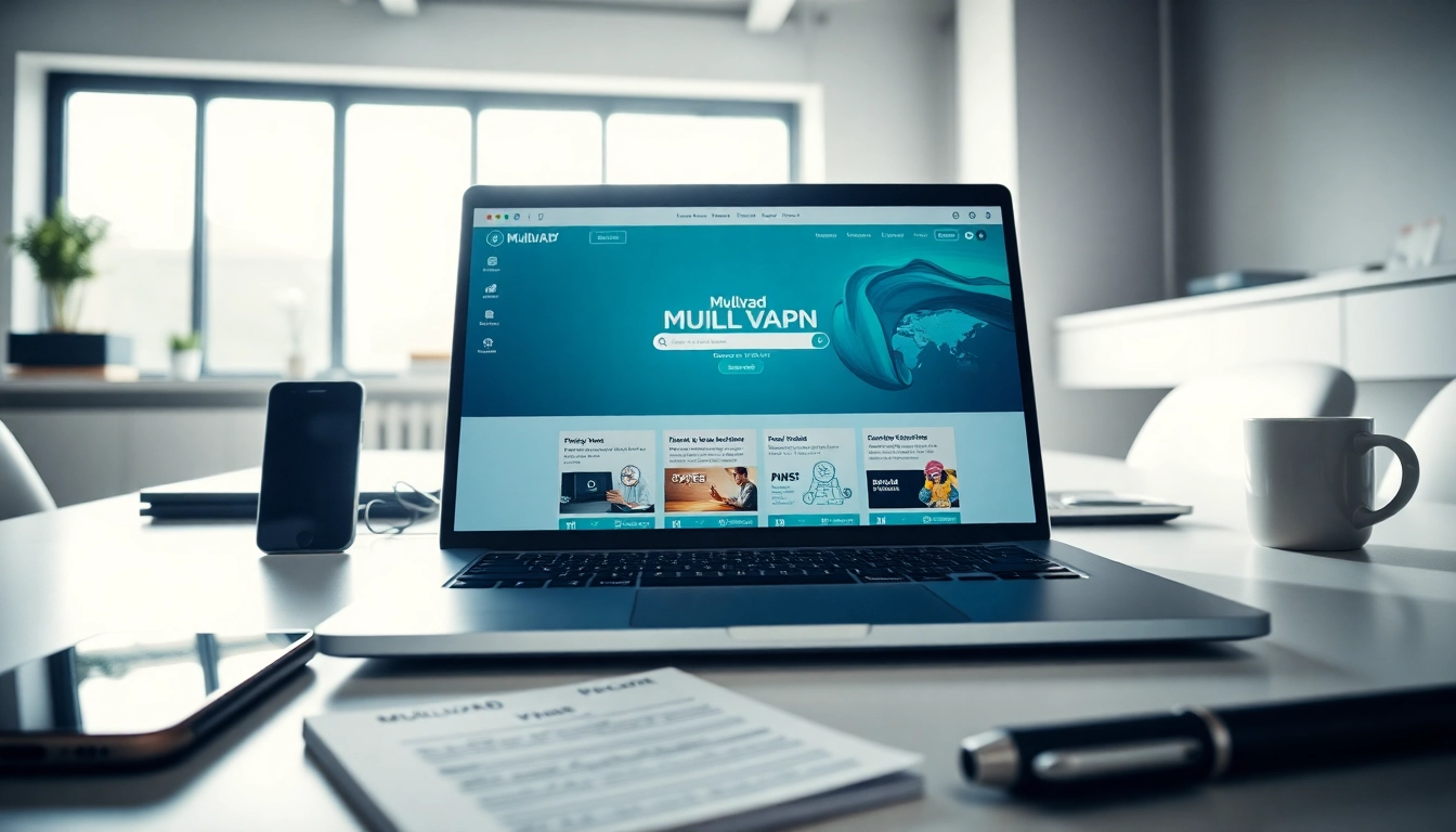 Mullvad VPN displayed on a laptop screen showcasing privacy features in a modern workspace.