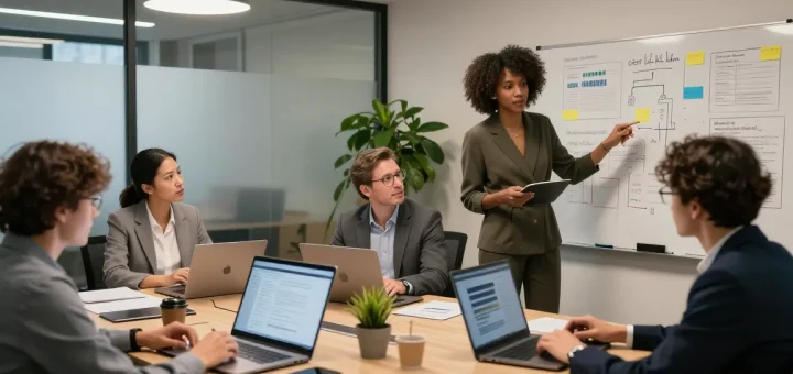 Firma bewerten im modernen Büro, Team arbeitet an Evaluierungsprojekten mit Feedback-Analyse.